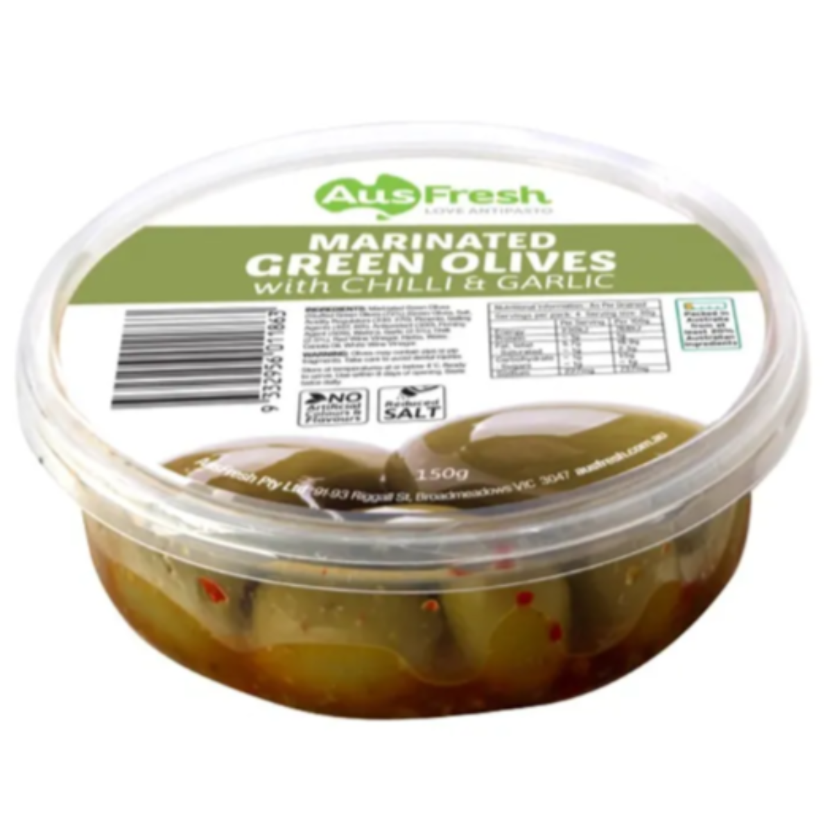 Aus Fresh Green Chilli & Garlic Olives 150g