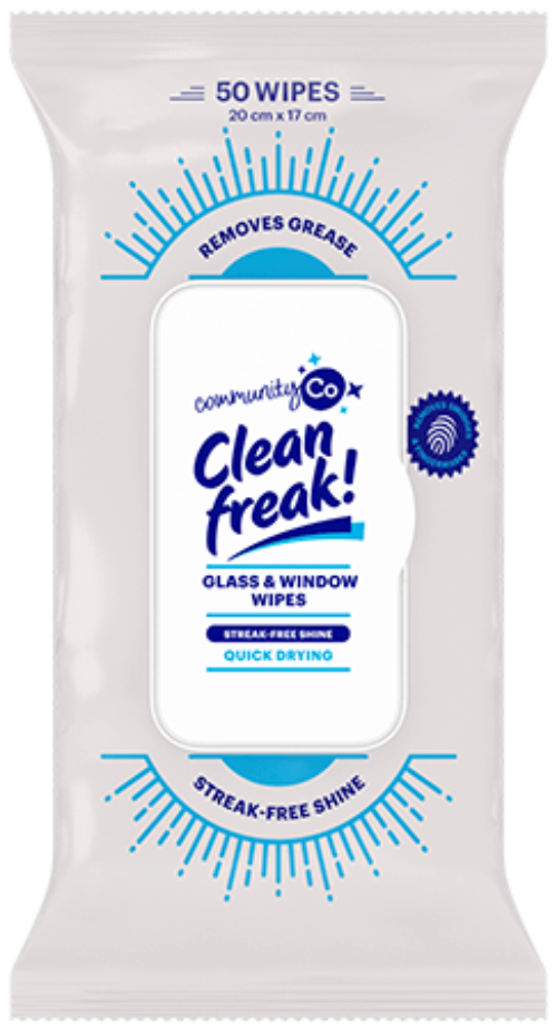 Community Co Clean Freak Glass & Window Wipes 50Pk