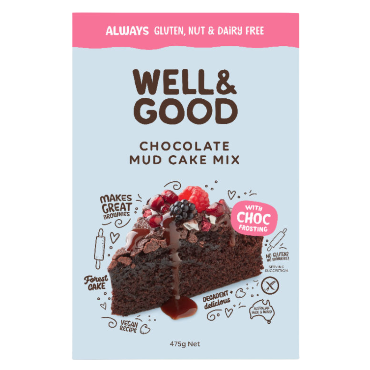 Well & Good Chocolate Mud Cake Mix with Chocolate Frosting GF 475g