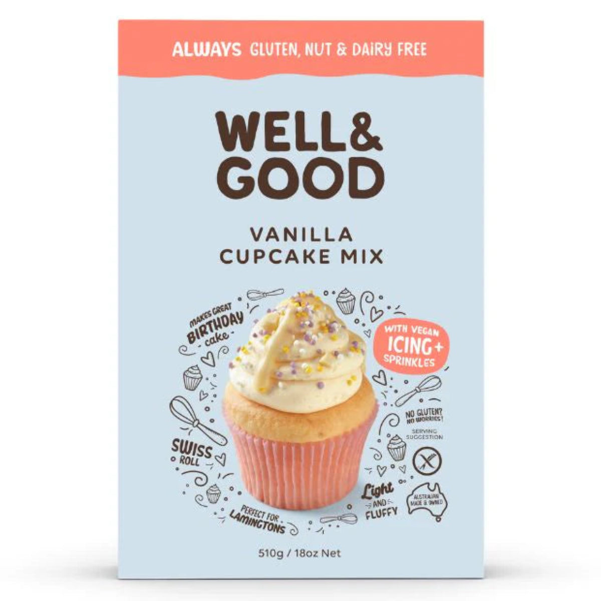 Well & Good Vanilla Cupcake Mix GF/DF with Icing 510g