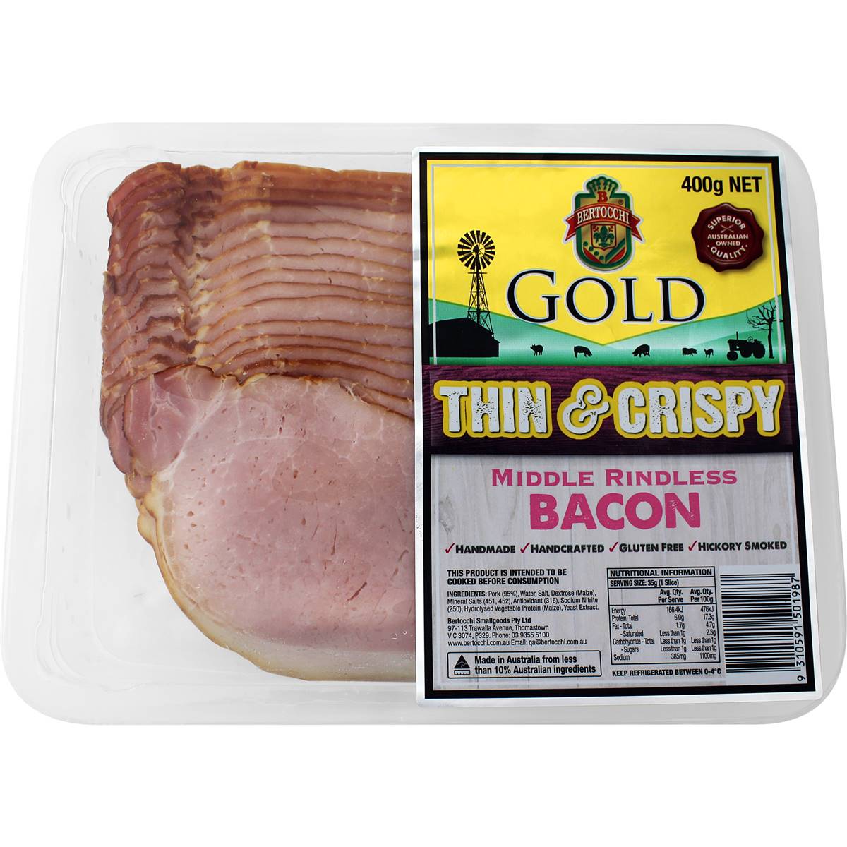 Bertocchi Bacon Thin and Crispy Middle Rindless 400g