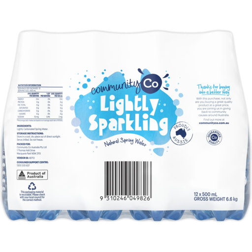 Community Co CP Lightly Sparkling Spring Water 12x500ml