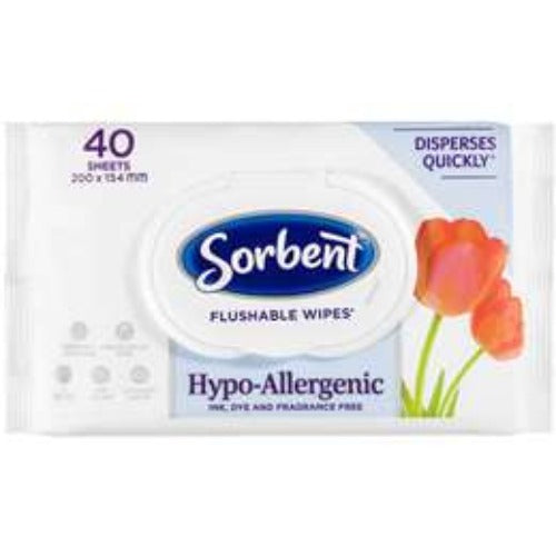 Sorbent Flushable Wipes Hypo-allergenic 40 Pack